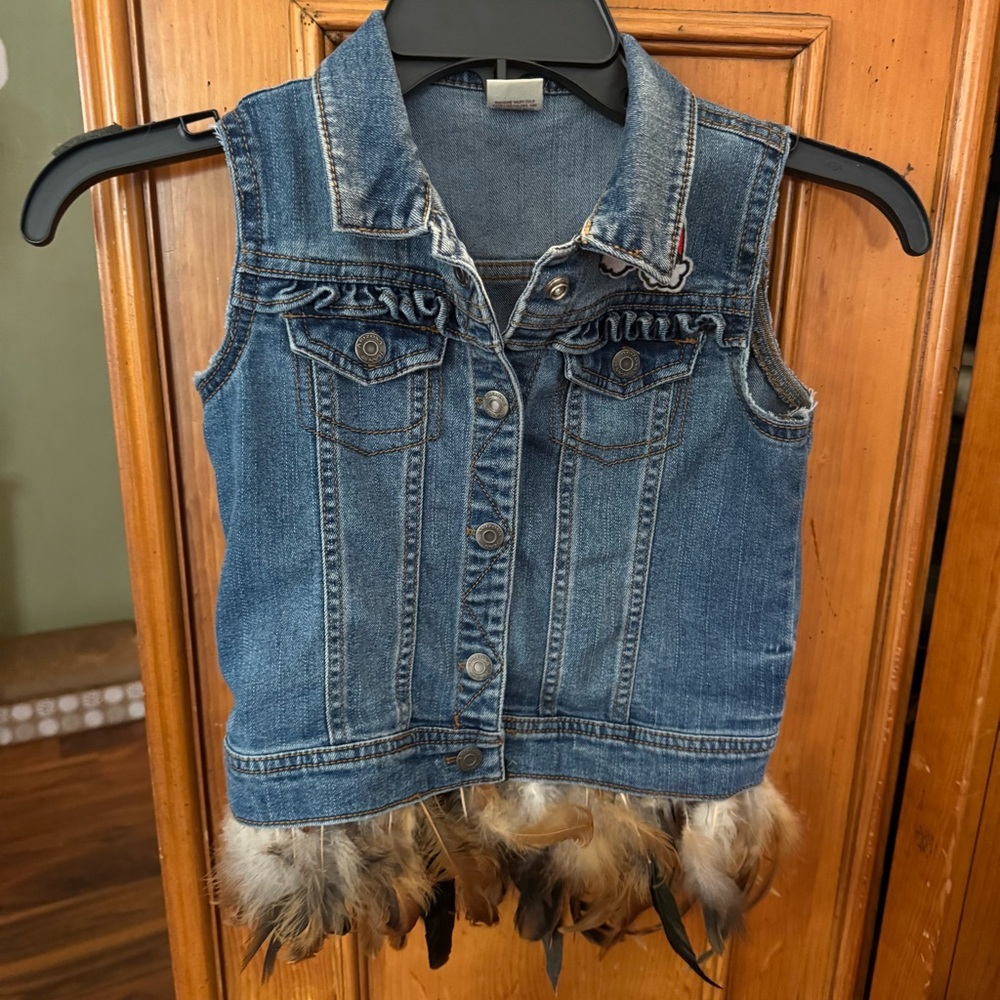 Arizona Jean Company upcycled Denim Vest with Faux feather trim
